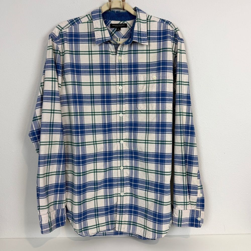 Banana Republic Oxford Slim Fit Blue Green Plaid Corduroy Details L